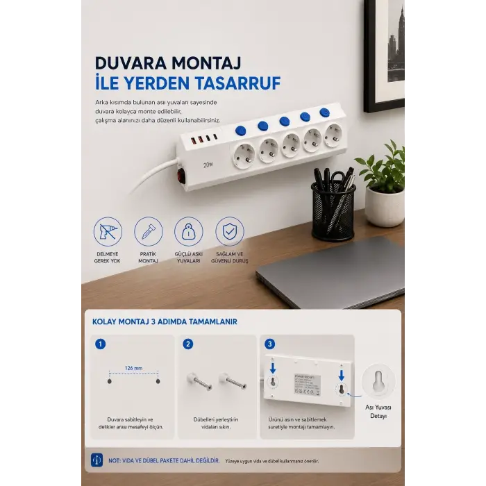 5’li Akım Korumalı Çoklu Priz 2 Metre Kablolu 3680w 16a 5 Anahtarlı 2usb-a 2 Usb-c Pd 20w Hızlı Ftr-28