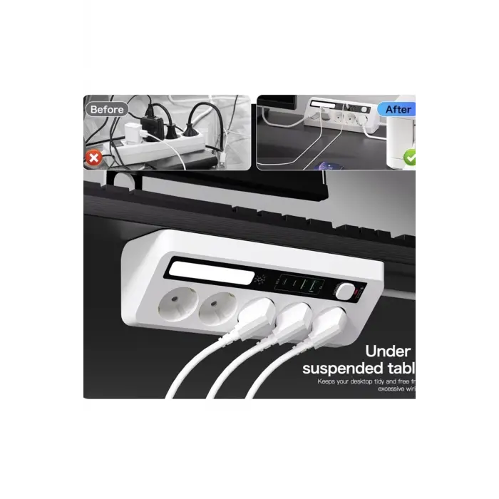 5’li Akım Korumalı Priz 2500w | 2 Usb + 2 Type-c Hızlı Şarj | Led Gece Lambalı | Dokunmatik Beyaz