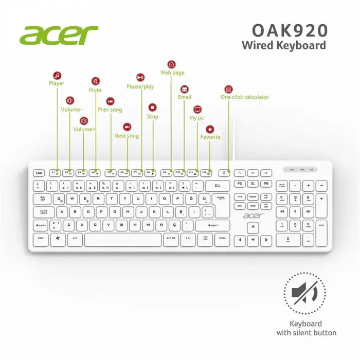 Acer OAK920 Q Usb Beyaz 1.8mt Kablolu Klavye-Tek Tuş Hesap Makinalı (Sessiz Tuş) (KDO)