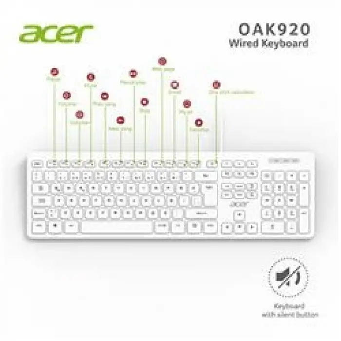 Acer OAK920 Q Usb Beyaz 1.8mt Kablolu Klavye-Tek Tuş Hesap Makinalı (Sessiz Tuş) (KDO)