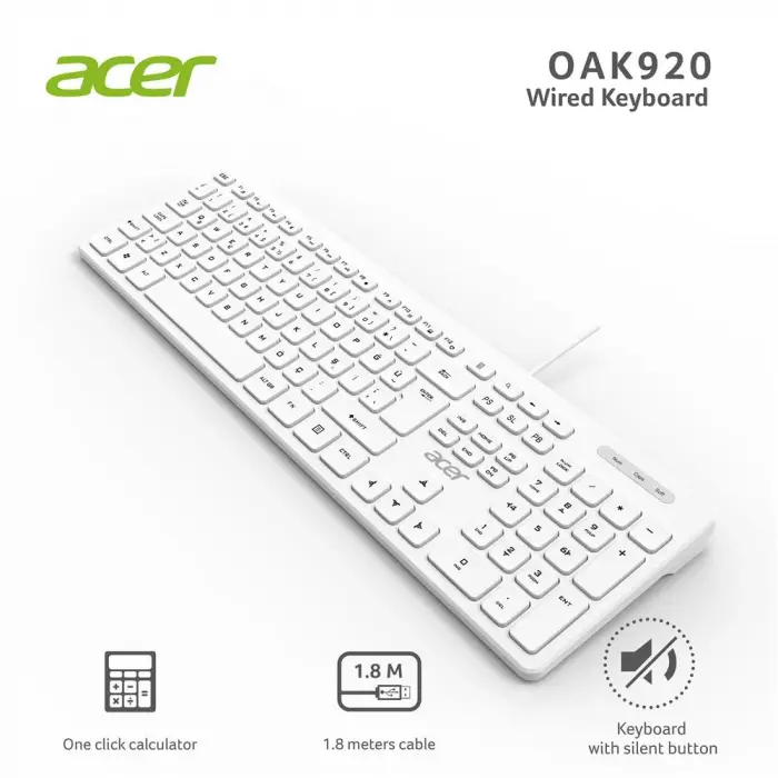 Acer OAK920 Q Usb Beyaz 1.8mt Kablolu Klavye-Tek Tuş Hesap Makinalı (Sessiz Tuş) (KDO)