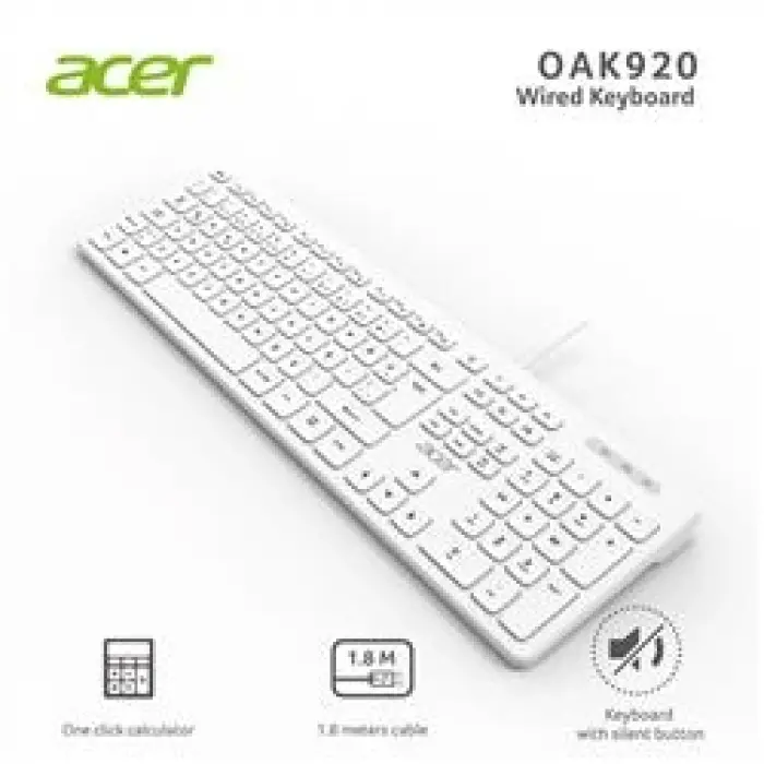 Acer OAK920 Q Usb Beyaz 1.8mt Kablolu Klavye-Tek Tuş Hesap Makinalı (Sessiz Tuş) (KDO)