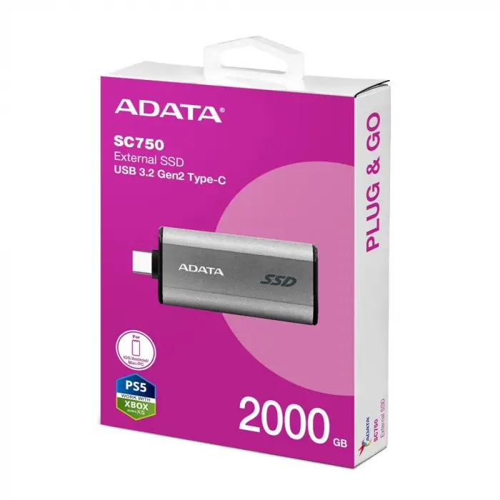 Adata 2000Gb SC750 Taşınabilir Usb 3.2 Gen2 Type-C Ssd Harici Disk (KDO)