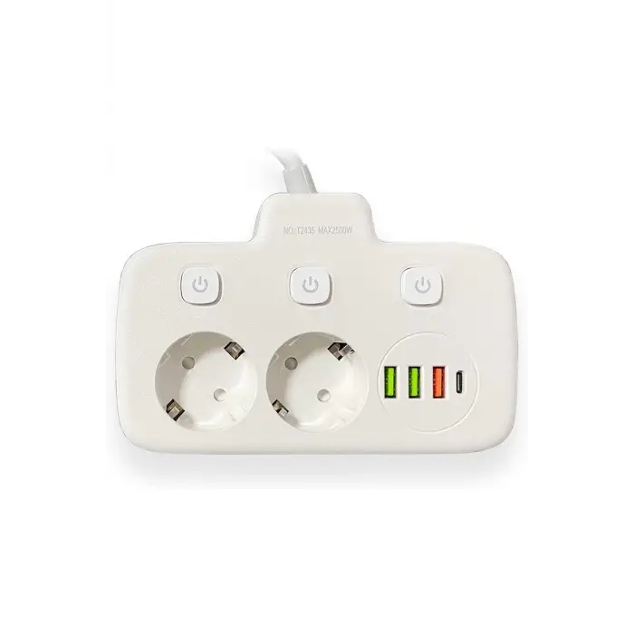 Akım Korumalı 2’li Ayrı Anahtarlı Priz, 2x Priz, 3x Usb, 1x Type-c, 2 Mt Kablo, Hızlı Şarj