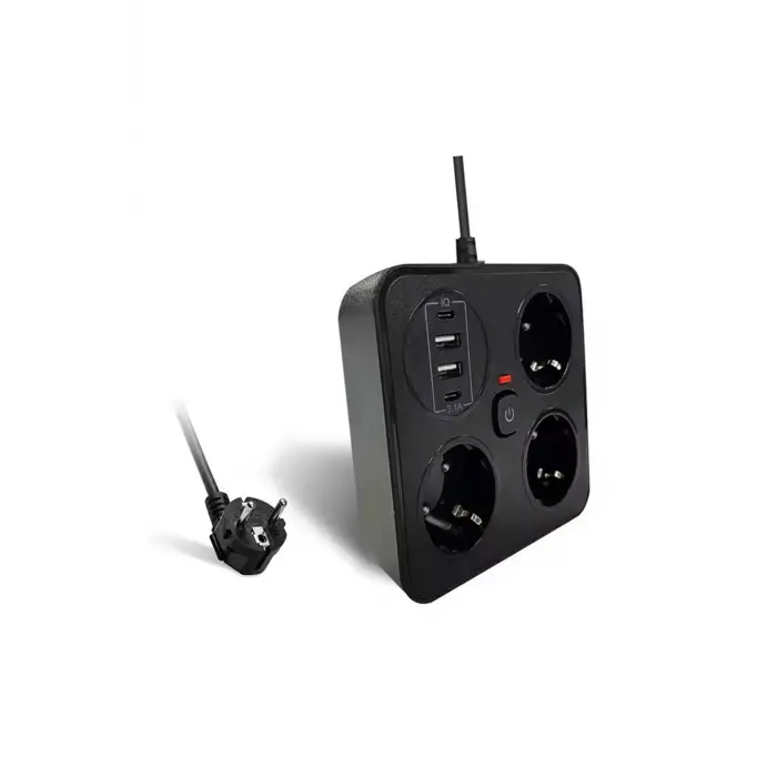 Akım Korumalı Anahtarlı Priz - 3x Priz - 2x Usb - 2x Type-c - 2 Mt Kablo Hızlı Şarj Özellikli Siyah