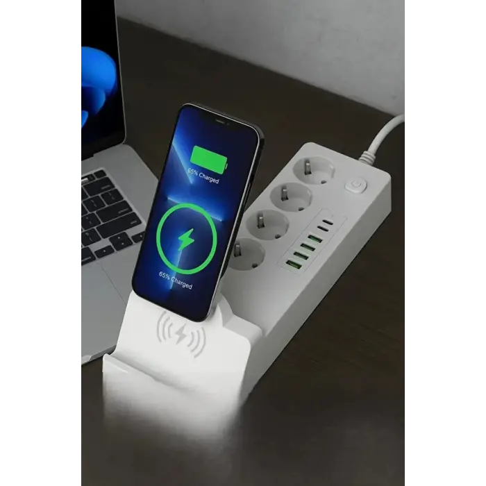 Akım Korumalı Kablosuz Şarjlı Masaüstü Priz | 4 Priz, 4 Usb, 2 Type-c