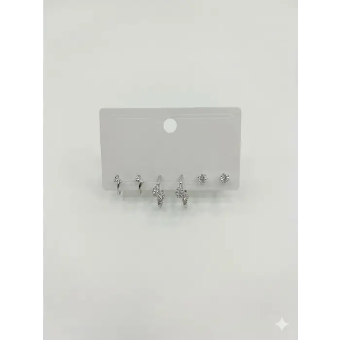 Rodyum Zirkon Taşlı Pirinç Altılı  Kombin Küpe - Kp00583