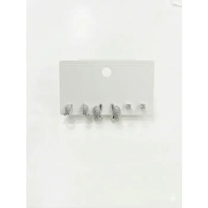 Rodyum Zirkon Taşlı Pirinç Altılı  Kombin Küpe - Kp00620