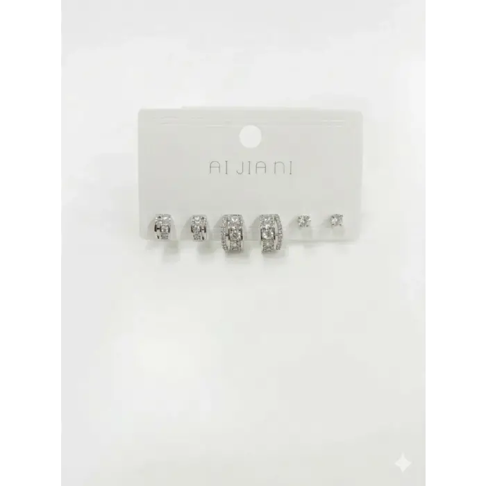 Rodyum Zirkon Taşlı Pirinç Altılı  Kombin Küpe - Kp00587