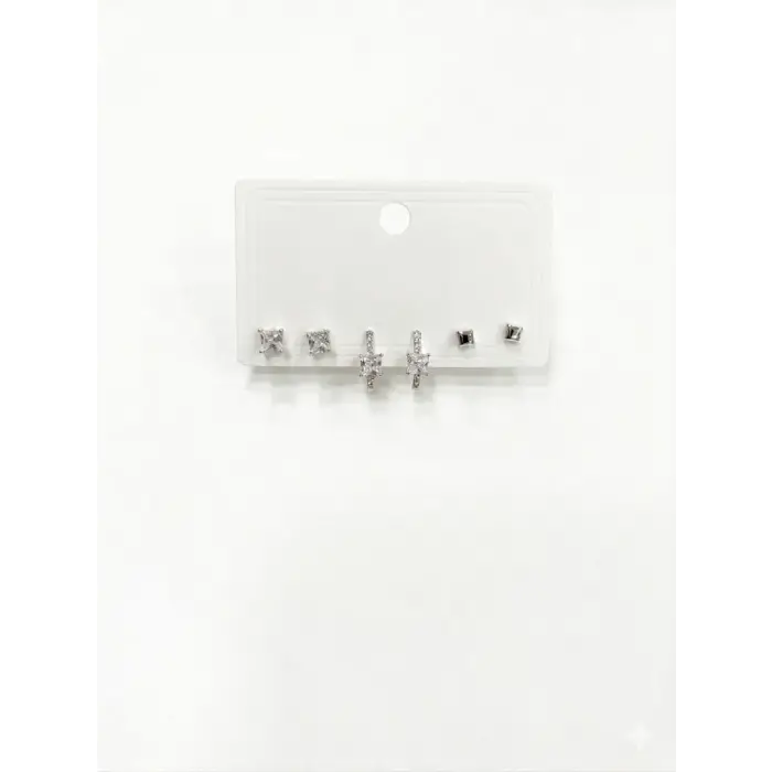 Rodyum  Zirkon Taşlı Pirinç Altılı  Kombin Küpe - Kp00573