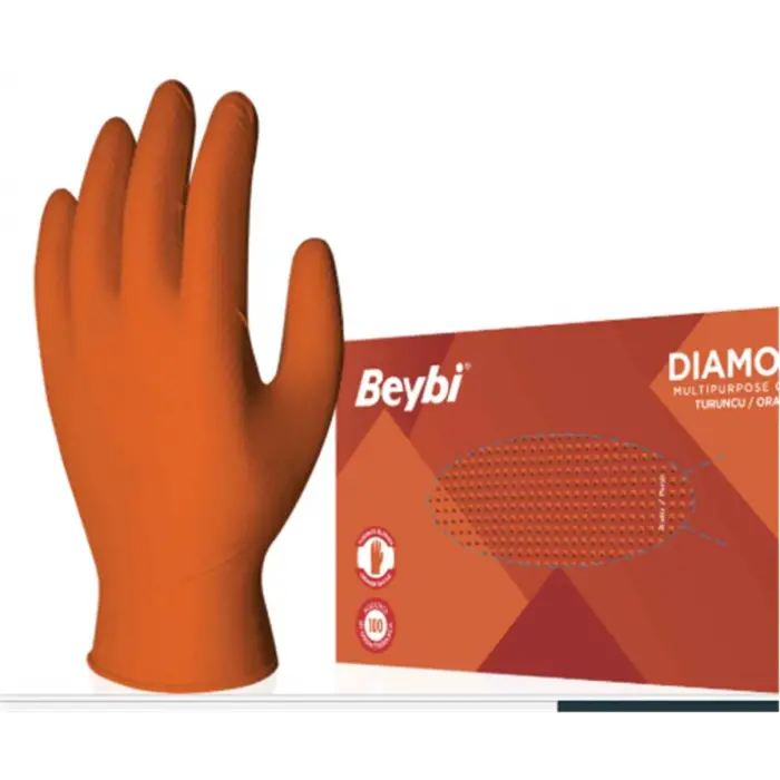 Beybi Diamond Pudrasız L Beden Kalın Turuncu Nitril Eldiven Large 100 Adet