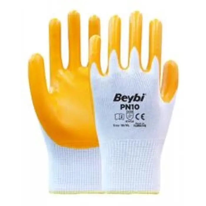 Beybi Nitril PMK PN10 9 Beden 12li Paket Polyester Örme Nitril Eldiven (4141A) Nitril 1-2 Kaplama (KDO)