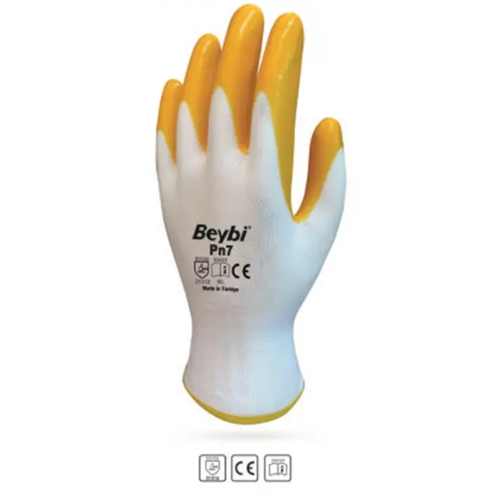 Beybi Nitril Poly PN7 9 Beden Beyaz Sarı Eldiven 12li Paket