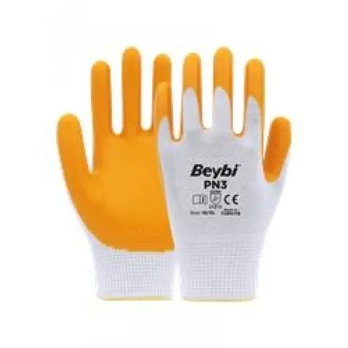 Beybi PN3 Beyaz Sarı 10 Beden Polyester Örme Nitril Eldiven 12li Paket EN388 (2121X) (KDO)
