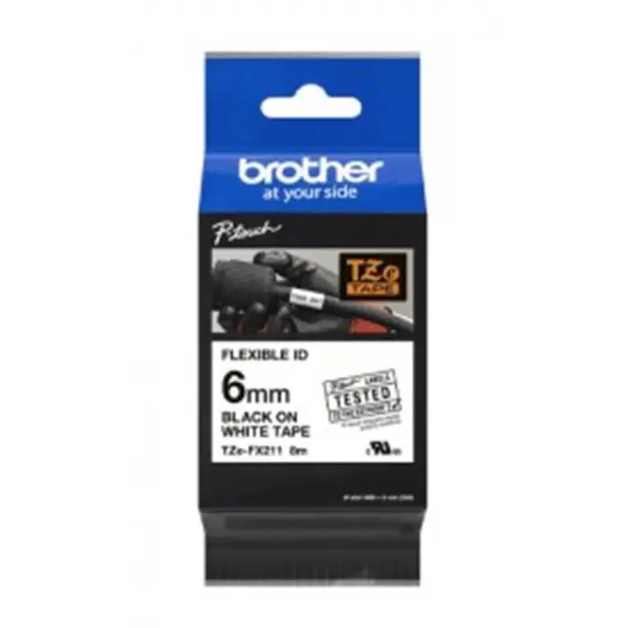 Brother TZE-FX211 6 mm Beyaz Üzeri Siyah Esnek Laminasyonlu Etiket