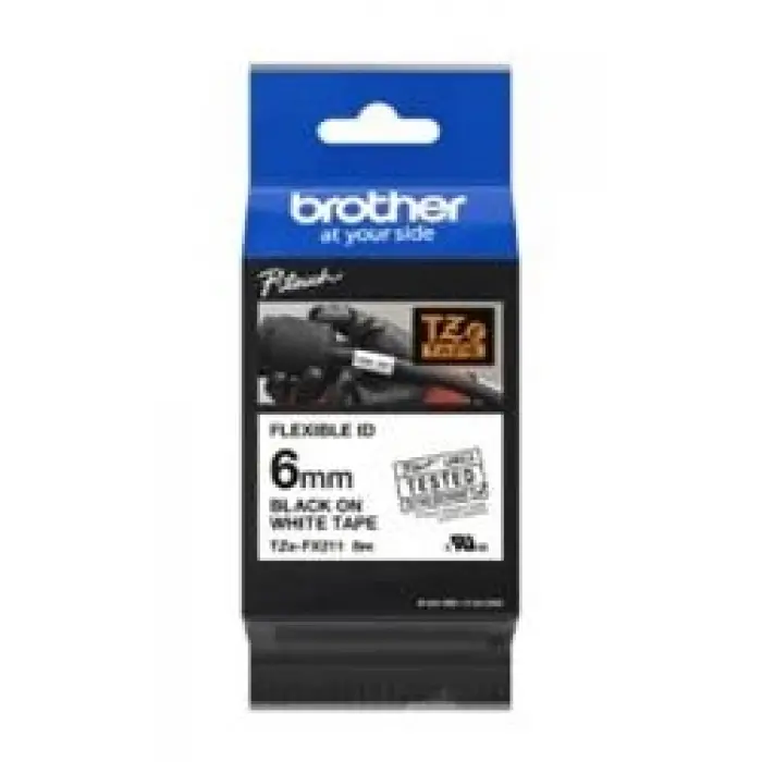 Brother TZE-FX211 6 mm Beyaz Üzeri Siyah Esnek Laminasyonlu Etiket