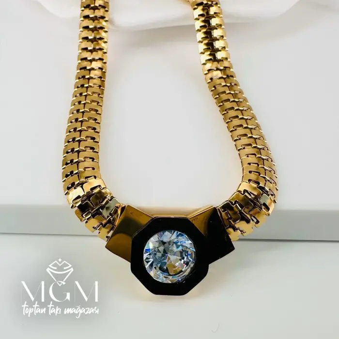 Zirkon Taşlı Çelik Çelik Kolye 40+5 Cm - Kl0194