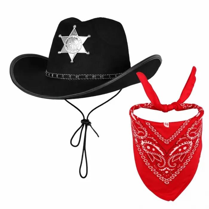 Çocuk Kovboy Şapka Rozetli Siyah  Kırmızı Bandana Seti