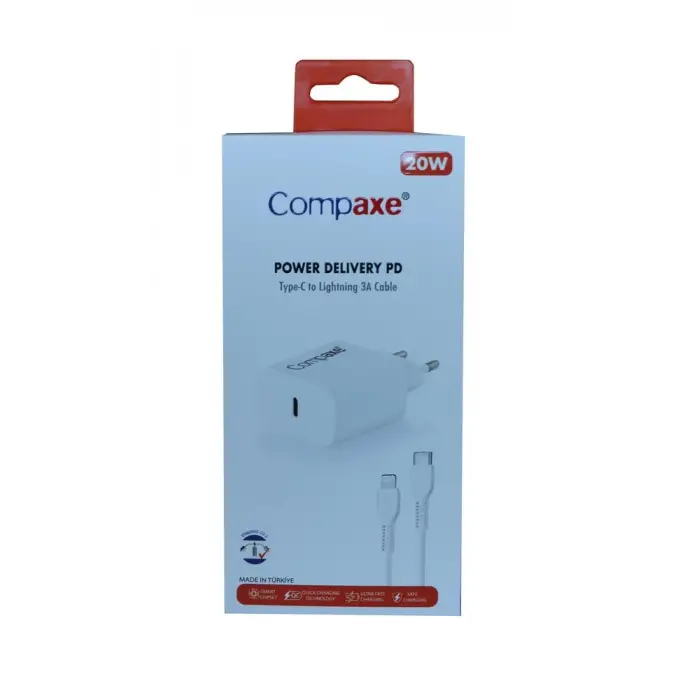 Compaxe CTA-200TI 20W 5V 3A PD Ev Şarj Kafa+Type-C Şarj Kablosu (KDO)