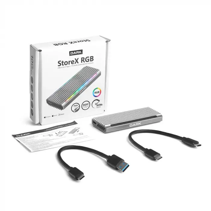 Dark DK-AC-DSEM5 USB 3.2 Gen2 Type C - M.2 NVMe & NGFF SATA SSD RGB LEDLİ Disk Kutusu (KDO)