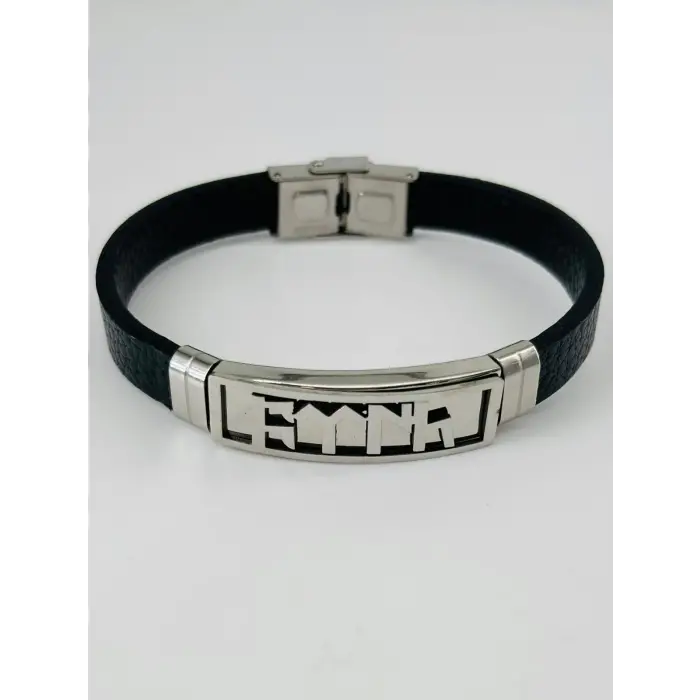 Siyah Deri / Çelik  Erkek Deri Bileklik 20 Cm  - Ebl0087
