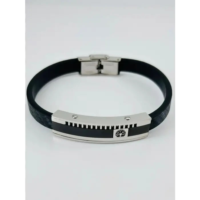 Siyah Deri / Çelik  Erkek Deri Bileklik 20 Cm  - Ebl0084