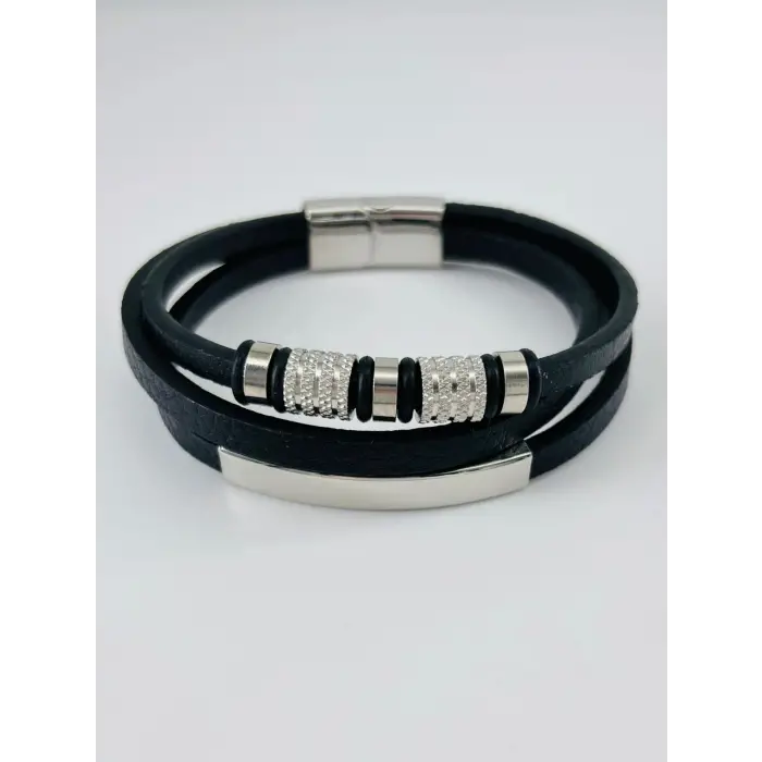 Siyah Deri / Çelik  Erkek Deri Bileklik 20 Cm  - Ebl0090