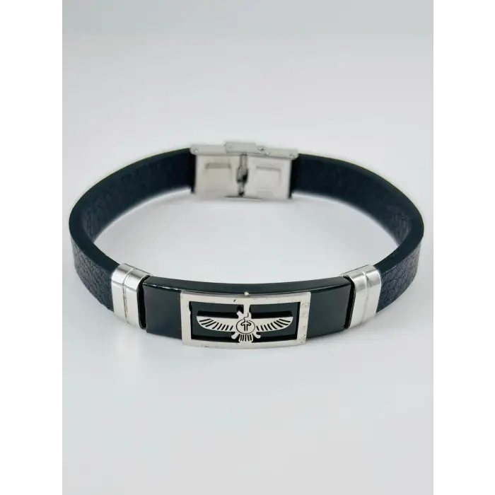 Siyah Deri / Çelik  Erkek Deri Bileklik 20 Cm  - Ebl0102
