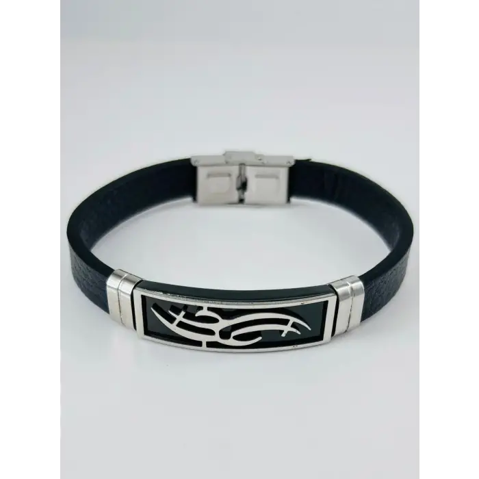 Siyah Deri / Çelik  Erkek Deri Bileklik 20 Cm  - Ebl0109