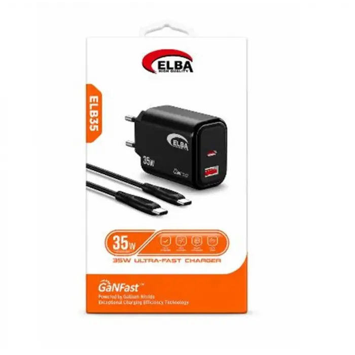 Elba Elb35 35W Siyah Ev Şarj Kafa+ Type c to Type c Kablo ( GANFAST Teknoloji ) Şarj Aleti (KDO)