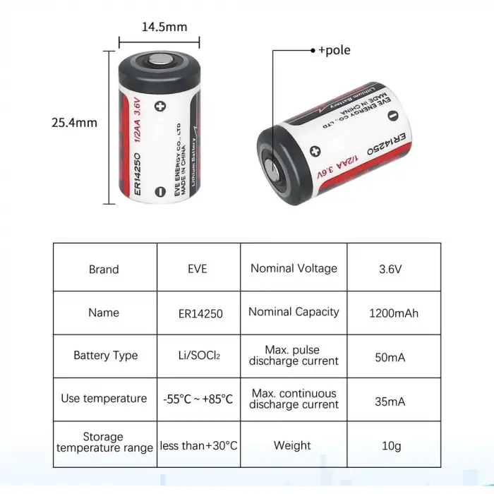 Eve Er14250 1/2aa Size 3.6v 1200 Mah Şarjsız Li-socl2 Lithium Pil