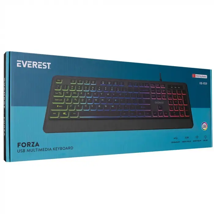 Everest KB-R59 FORZA Siyah Usb Rainbow Backlight klavye (KDO)