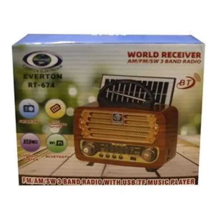 Everton RT-674  Bluetooth-USB-SD-FM Şarjlı,Solarlı  Nostaljik Radyo