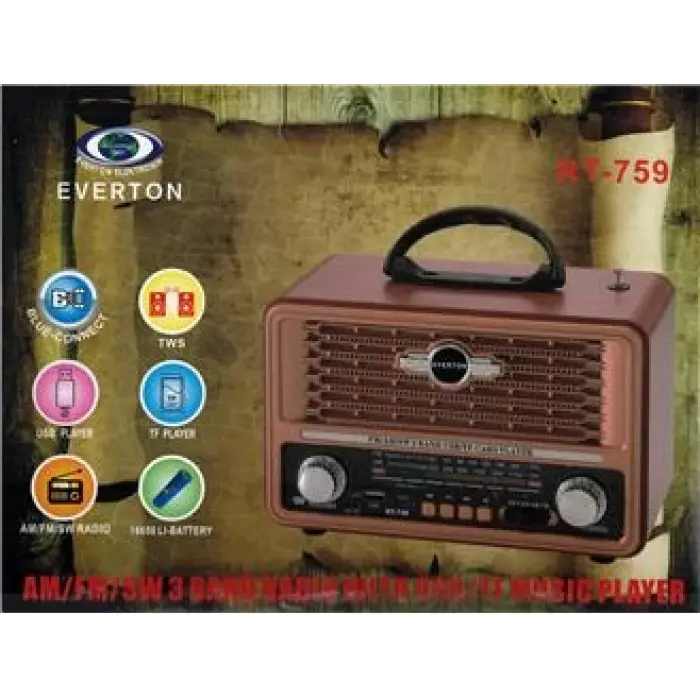 Everton Rt-759  Bluetooth Fm-Usb-Tf-Aux Solarlı  Şarjlı Nostaljik Radyo