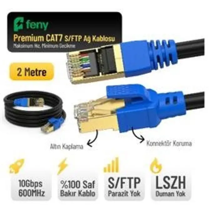 Feny FN-CAT7LS02 10GBPS İnternet 60MHZ 2 Metre CAT7 Gold Patch Kablo (Yanmaz- yüzde 100 Saf Bakır) (KDO)