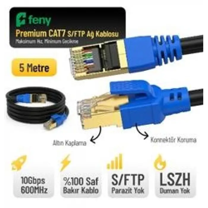 Feny FN-CAT7LS05 10GBPS İnternet 60MHZ 5 Metre CAT7 Gold Patch Kablo (Yanmaz- yüzde 100 Saf Bakır) (KDO)