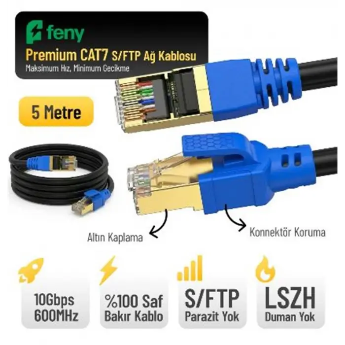 Feny FN-CAT7LS05 10GBPS İnternet 60MHZ 5 Metre CAT7 Gold Patch Kablo (Yanmaz- yüzde 100 Saf Bakır) (KDO)