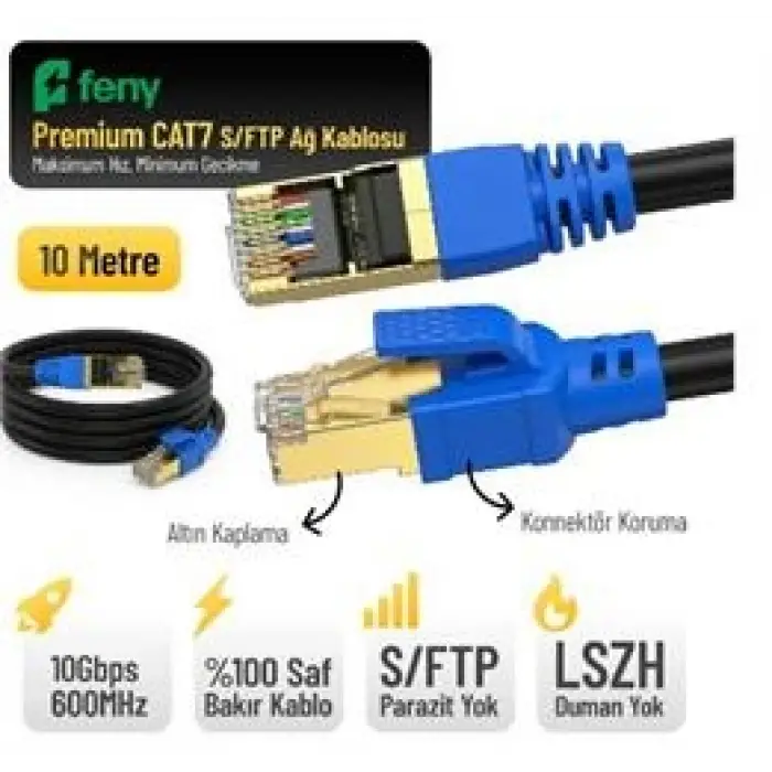 Feny FN-CAT7LS10 10GBPS İnternet 60MHZ 10 Metre CAT7 Gold Patch Kablo (Yanmaz- yüzde 100 Saf Bakır) (KDO)