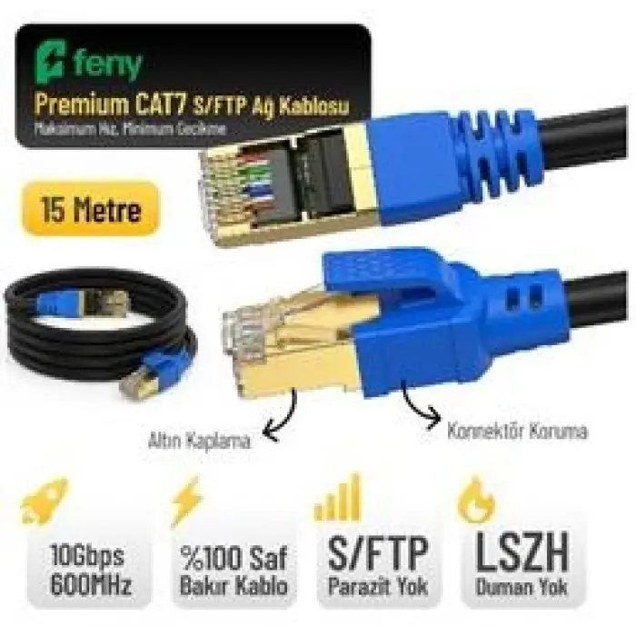 Feny FN-CAT7LS15 10GBPS İnternet 60MHZ 15 Metre CAT7 Gold Patch Kablo (Yanmaz- yüzde 100 Saf Bakır) (KDO)