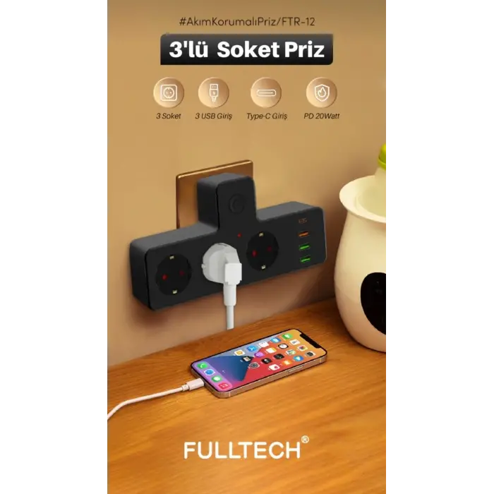 Ftr-12 Termal Akım Korumalı Isıya Dayanıklı 3’lü Priz 3x Usb 1x Type-c