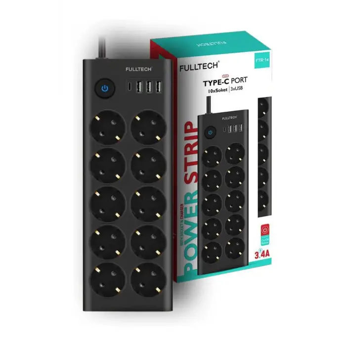 Fulltech Ftr14 Type-c Girişli Akım Korumalı 10’lu Priz, 3 Usb