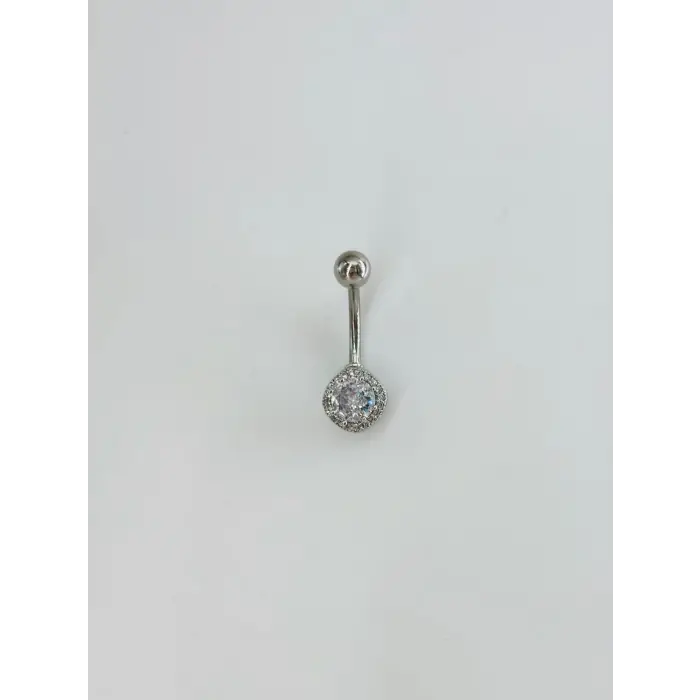 Rodyum Zirkon Taşlı Çelik Göbek Bar Uzunluğu : 13 Mm / Bar Kalınlığı 1.41 Mm /  - Pg0144