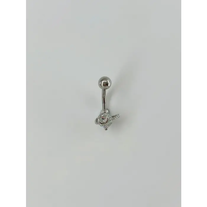 Rodyum Zirkon Taşlı Çelik Göbek Bar Uzunluğu : 13 Mm / Bar Kalınlığı 1.41 Mm /  - Pg0024