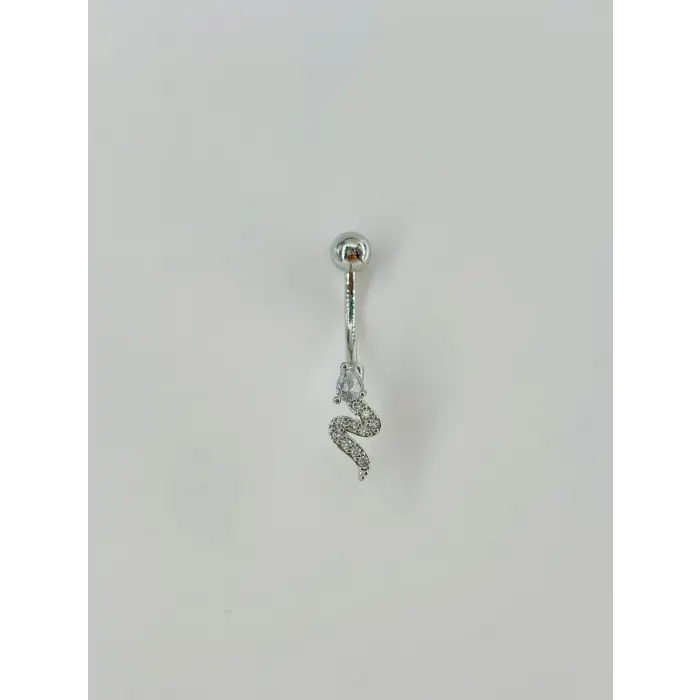 Rodyum Zirkon Taşlı Çelik Göbek Bar Uzunluğu : 13 Mm / Bar Kalınlığı 1.41 Mm /  - Pg0031