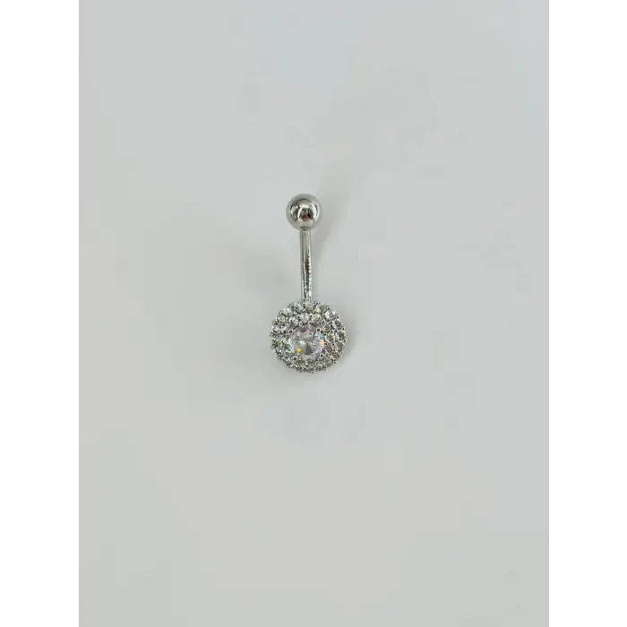 Rodyum Zirkon Taşlı Çelik Göbek Bar Uzunluğu : 13 Mm / Bar Kalınlığı 1.41 Mm /  - Pg0102