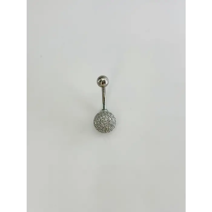Rodyum Zirkon Taşlı Çelik Göbek Bar Uzunluğu : 13 Mm / Bar Kalınlığı 1.41 Mm /  - Pg0131