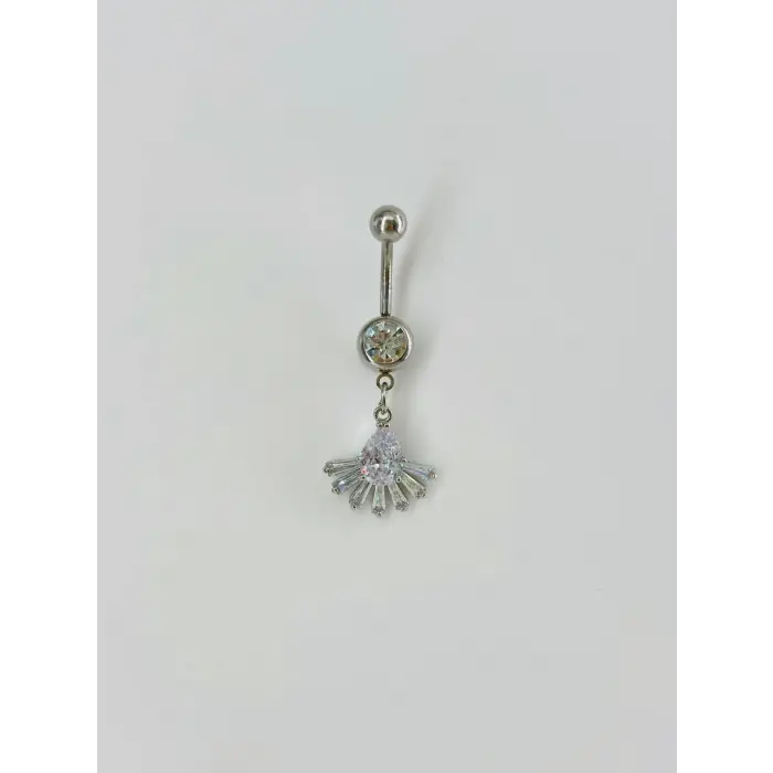 Rodyum Zirkon Taşlı Çelik Göbek Bar Uzunluğu : 13 Mm / Bar Kalınlığı 1.41 Mm /  - Pg0071
