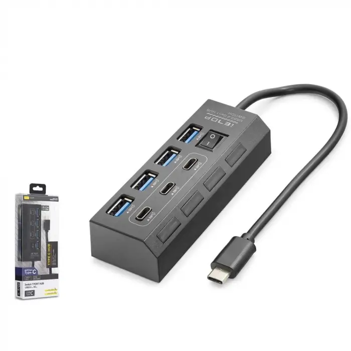 Hadron HDX7057 İetop Type-C Hub 5Gbps 3x Type-C 3.2 + 4x Usb-A 3.2 7 Port Anahtarlı Çoklayıcı Siyah (KDO)