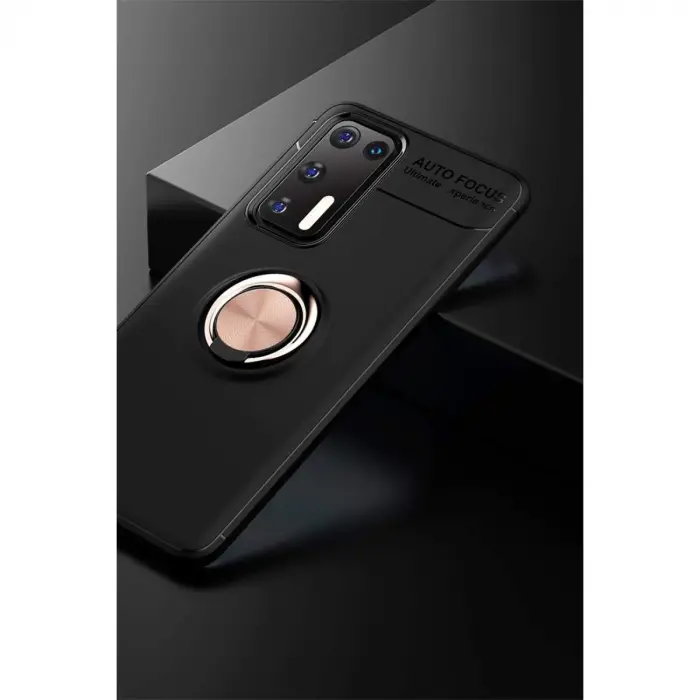 Huawei P40 Kılıf Range Yüzüklü Silikon - Siyah-gold