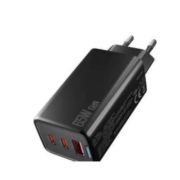 Hytech HY-XEG65 2-USB-C + USB-A GAN PD 65W - QC 18W Type PD-PPS Siyah EV-NOTEBOOK Şarj Adaptör (KDO)